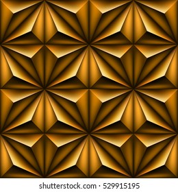 Seamless volumetric polygonal golden pattern. Vector luxury abstract dark yellow background. Dark orange modern metal fond. Repeating geometric. EPS 8. No transparency. Low poly texture. Black shadow