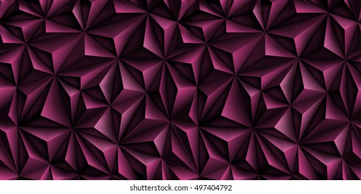 Seamless volumetric polygonal violet pattern. Vector horizontal luxury abstract magenta background. Dark modern dynamic fond. Repeating geometric. EPS 8. No transparency. Low poly texture, 