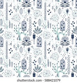 Seamless vrctor floral pattern with birdcages 