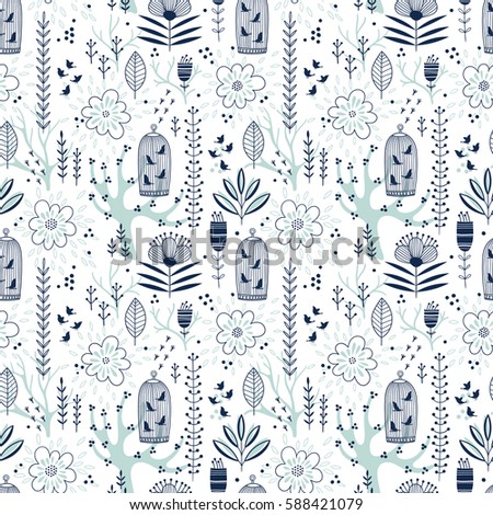 Seamless vrctor floral pattern with birdcages 