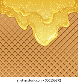 Seamless waffles background with flowing honey or maple syrup with air bubbles, vector