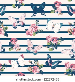 seamless wallpage vintage  rose with butterfly on stripe  background