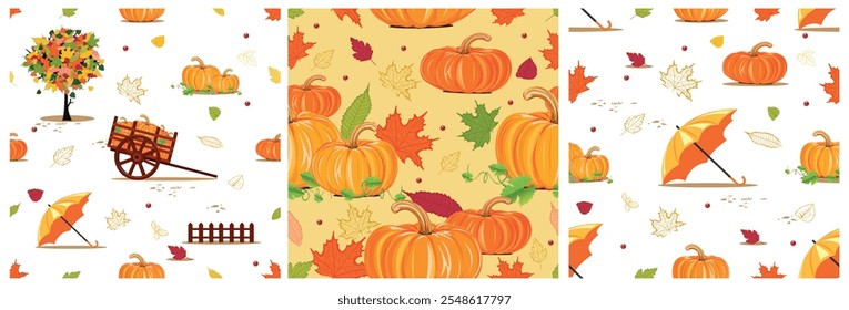 Seamless wallpaper with autumn leaves, ripe pumpkins, orange umbrella, falling tree, wooden wheelbarrow filled with pumpkins. Set of three square vector backgrounds for Thanksgiving.