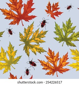 Seamless wallpaper with autumn maple leaves and red beetles, hand-drawing. Vector illustration.