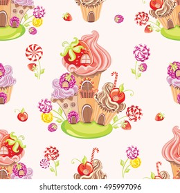 Seamless wallpaper background with fantasy sweet house with cupcakes, berries and lollipop candies. Vector illustration