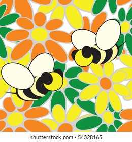 Seamless wallpaper background with flowers and bees