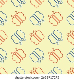 Fondo de Fondo de pantalla sin fisuras para la decoración de la habitación de los niños. Esquemas de mariposas en colores rojos y azules alternados. Mariposa o polilla con diseño de antena remolinado sobre fondo aislado, Vector EPS 10.