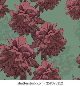 Seamless wallpaper with blooming peonies, hand-drawing. Vector illustration.