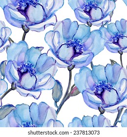 Seamless wallpaper with blue  flowers, watercolor painting. Vector  illustration.