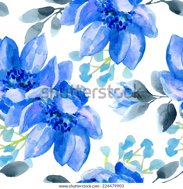 シームレスな壁紙と青の花 水彩イラスト のベクター画像素材 ロイヤリティフリー