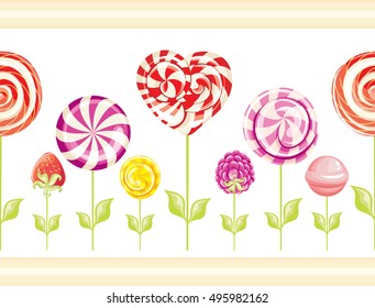 Seamless wallpaper border with abstract flowers with sweet lollipop candies and berries. Vector illustration
