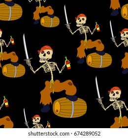 Seamless Wallpaper, Cartoon Evil Zombie Pirate Jolly Roger Skeleton with a Sword, Bottle of Wine and Barrel on Black Tile Background. Vector