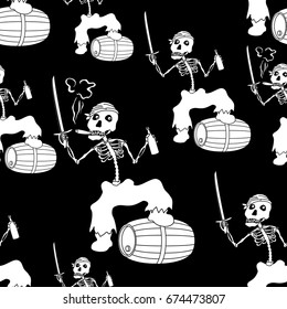 Seamless Wallpaper, Cartoon Evil Zombie Pirate Jolly Roger Skeleton with a Sword, Bottle of Wine and Barrel, White Silhouettes Isolated on Black Background. Vector