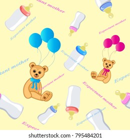 Seamless wallpaper for children with teddy bears, balls and milk bottles. Vector illustration.