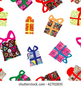 SEAMLESS WALLPAPER. Christmas Fur-tree gift box.