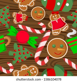 Seamless Wallpaper for Christmas radicalisering of different elements. Sugar candy, gingerbread, drinks and Christmas trees. Vector image.