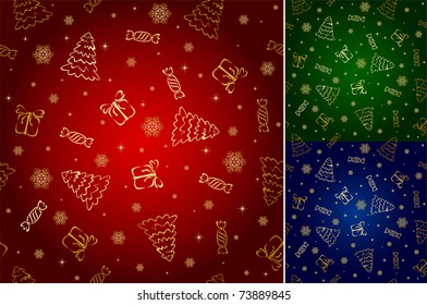 Seamless wallpaper with Christmas tree, Snowflake, Present and candy, illustration