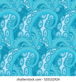 Seamless wallpaper with color hand-drawn octopus. Pattern can be used for wallpaper, web page background, surface textures and fabrics. 