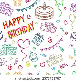 
Seamless wallpaper with colorful objects on the theme of Birthday.