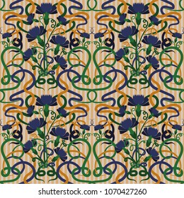 Seamless wallpaper with cornflower blue in art nouveau style, vector illustration