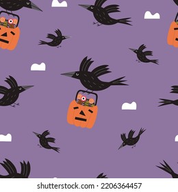 Seamless Wallpaper With A Crow And A Pumpkin. Happy Halloween Print.