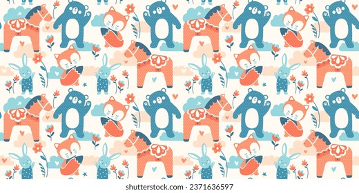 Seamless wallpaper with cute, doodle and fun Scandinavian animals. Bear cub, little bunny, baby fox, and Dala horse. Nursery baby background for fabric, wrapping paper. Hand drawn Nordic backdrop.