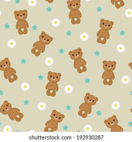 Seamless wallpaper with cute teddy bear on floral background