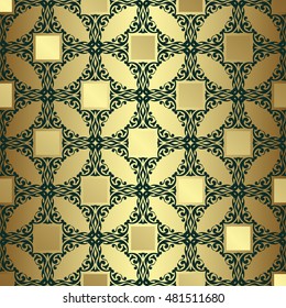 Seamless wallpaper. Dark vintage pattern on a gold background    