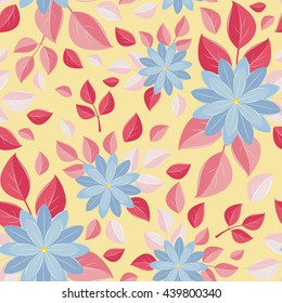 Seamless wall-paper, decorative flowers, yellow background. A bright seal with unusual flowers. Vector, EPS 10. Wall-paper, fabric, packaging paper, wedding invitation, greeting cards, etc.