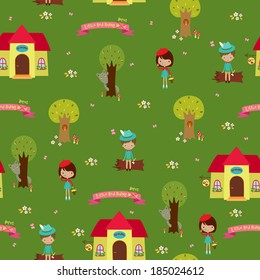 Seamless wallpaper design. Fairy tale Little Red Riding Hood