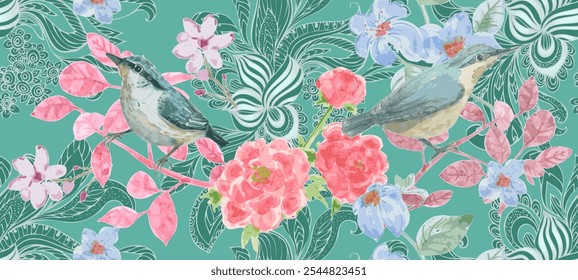 seamless wallpaper design with watercolor painting of birds sitting on colorful leafy branches with flowers against abstract doodle pattern background