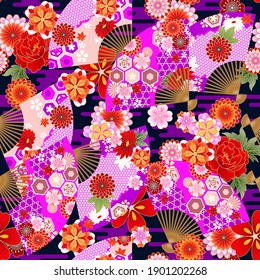 Seamless wallpaper with fans in asian style for design of summer dress fabrics