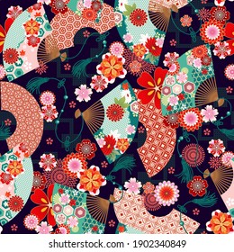 Seamless wallpaper with fans in asian style for design of summer dress fabrics