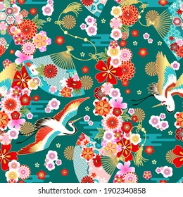 Seamless wallpaper with fans in asian style for design of summer dress fabrics