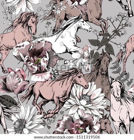Seamless wallpaper floral pattern. The running beautiful horses and flowers. Textile composition, hand drawn style print. Vector illustration.