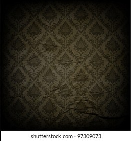 Seamless wallpaper flower pattern, black. Old paper texture. Vector.