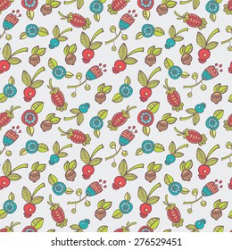 seamless wallpaper with flowers and berries on a light background in doodle style