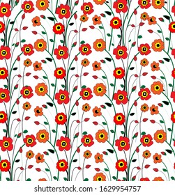 Seamless wallpaper flowers red poppies stems spring and summer theme