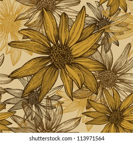 Seamless wallpaper with flowers, sunflower seeds, hand-drawing. Vector illustration.