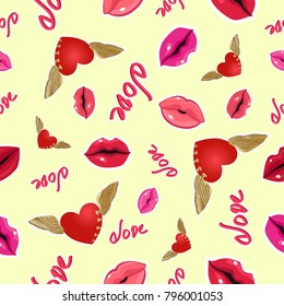Seamless Wallpaper with flying hearts and lips.Striking concept for Valentine's day.Vector illustration.