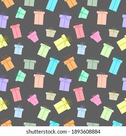 Papel de pared impecable de cajas de regalo sobre un fondo gris. Un feriado de regalos. Ilustración vectorial. Plantilla.