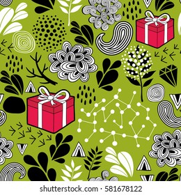 Seamless wallpaper with gift boxes on the green background. Vector endless pattern.