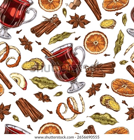 Seamless wallpaper with glass of mulled wine with ingredients, fruits and spices, hand-drawn watercolor sketch. Orange, apple, ginger, cinnamon, bay leaf, anise. Paper, textile. Vector.