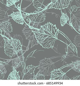 Seamless Wallpaper. Grapevine Seamless Pattern. Abstract Blue Leaves On A Grey Background