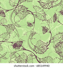 Seamless Wallpaper. Grapevine seamless pattern. Abstract purple leaves on a green background