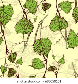 Seamless Wallpaper. Grapevine seamless pattern. Green leaves on a bright background