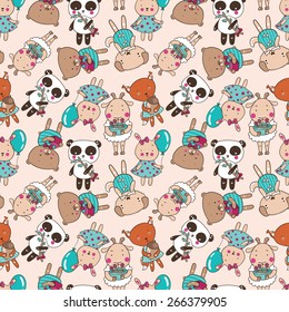 seamless wallpaper with happy animals on a beige background