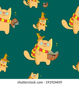seamless wallpaper. magic book, cat, magic hat. vector.