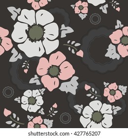 Seamless wall-paper nostalgic flowers, dark background. Gentle flowers anemones in a retro style. Vector, EPS10. A print for fabric, packing paper, wall-paper, cards, etc.