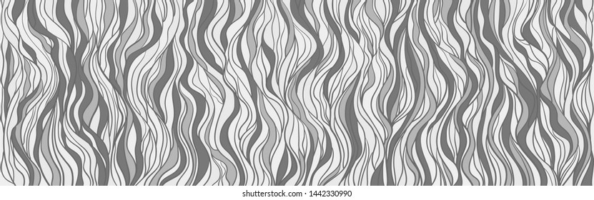 Seamless wallpaper on horizontally surface. Wavy background. Hand drawn waves. Stripe texture with many lines. Waved pattern. Black and white illustration